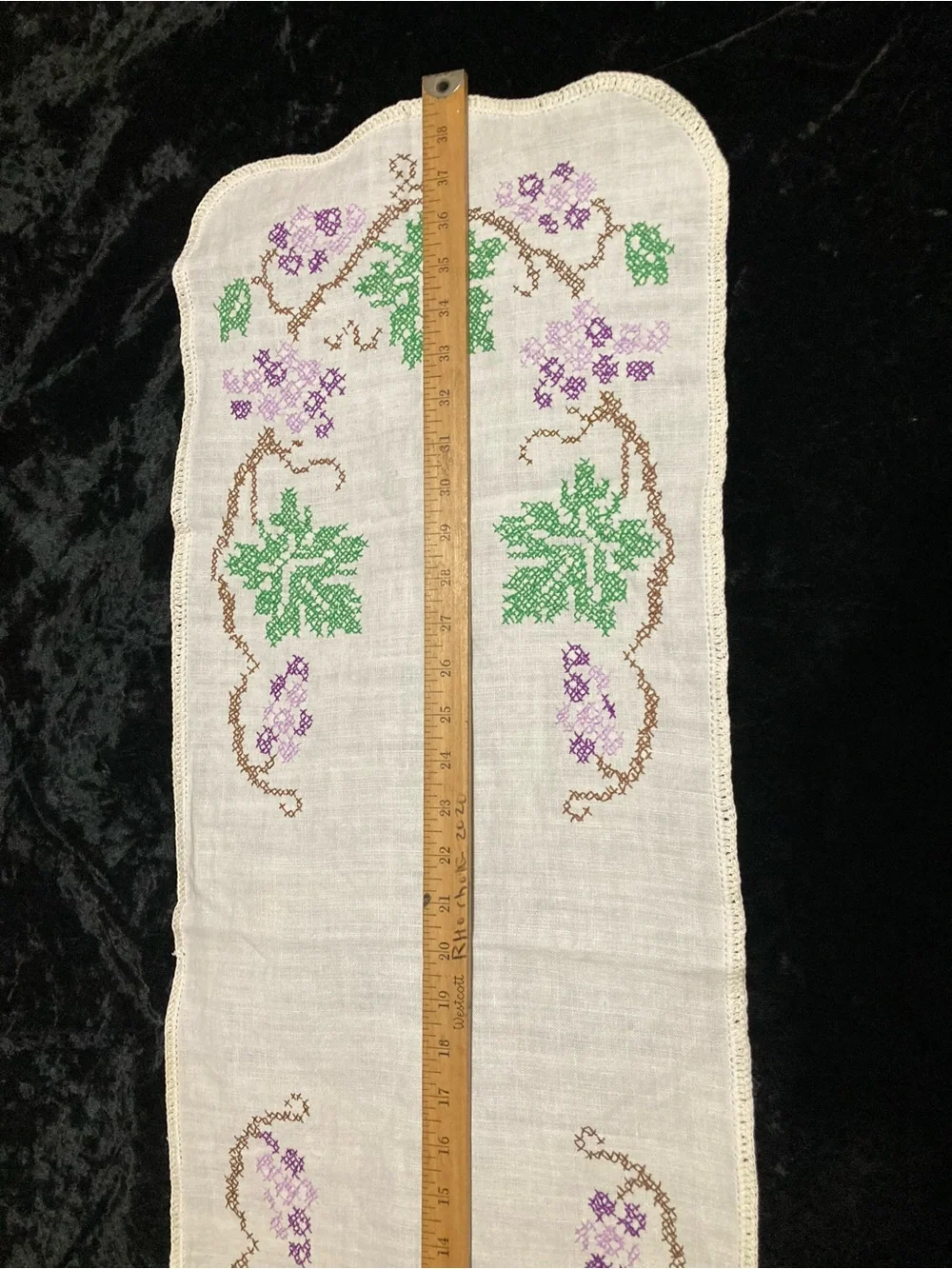 Embroidered Linen Runner with Green and Purple Motif 38x13”